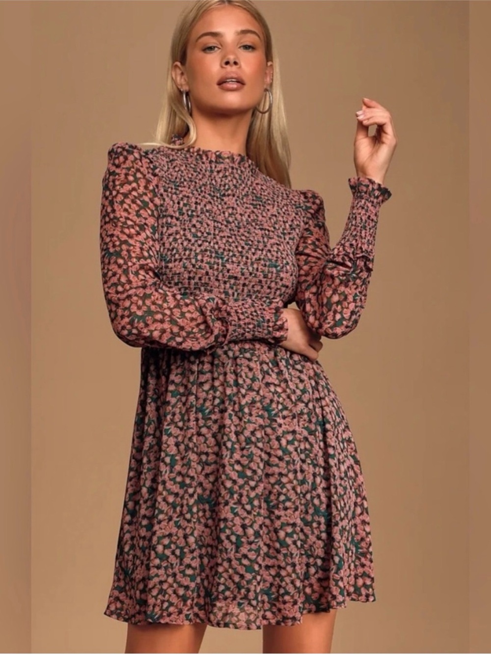 Lulu's Dusty Pink Floral Smocked Long-Sleeve Mini Dress